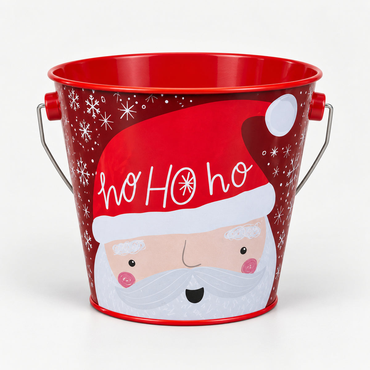 Red Ho Ho Ho Santa face Christmas tin bucket, 12 cm