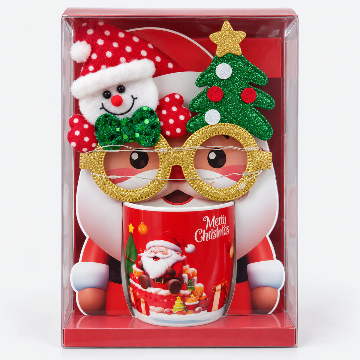 Christmas mug with red laughing Santa design and party glasses in a gift box