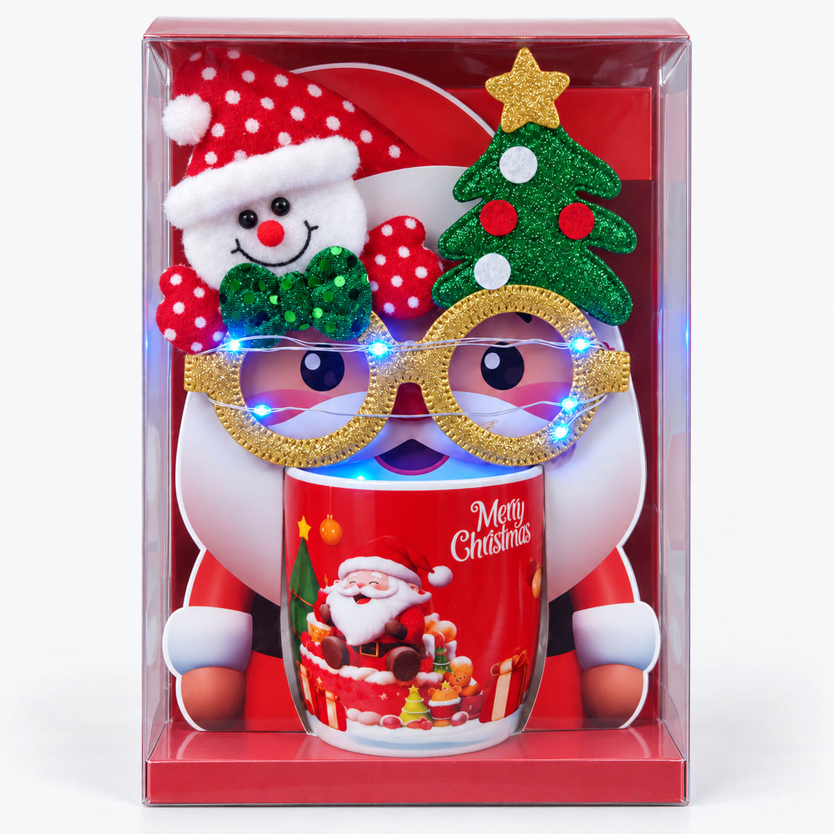 Christmas mug gift box with red laughing Santa design and light-up glasses switched on