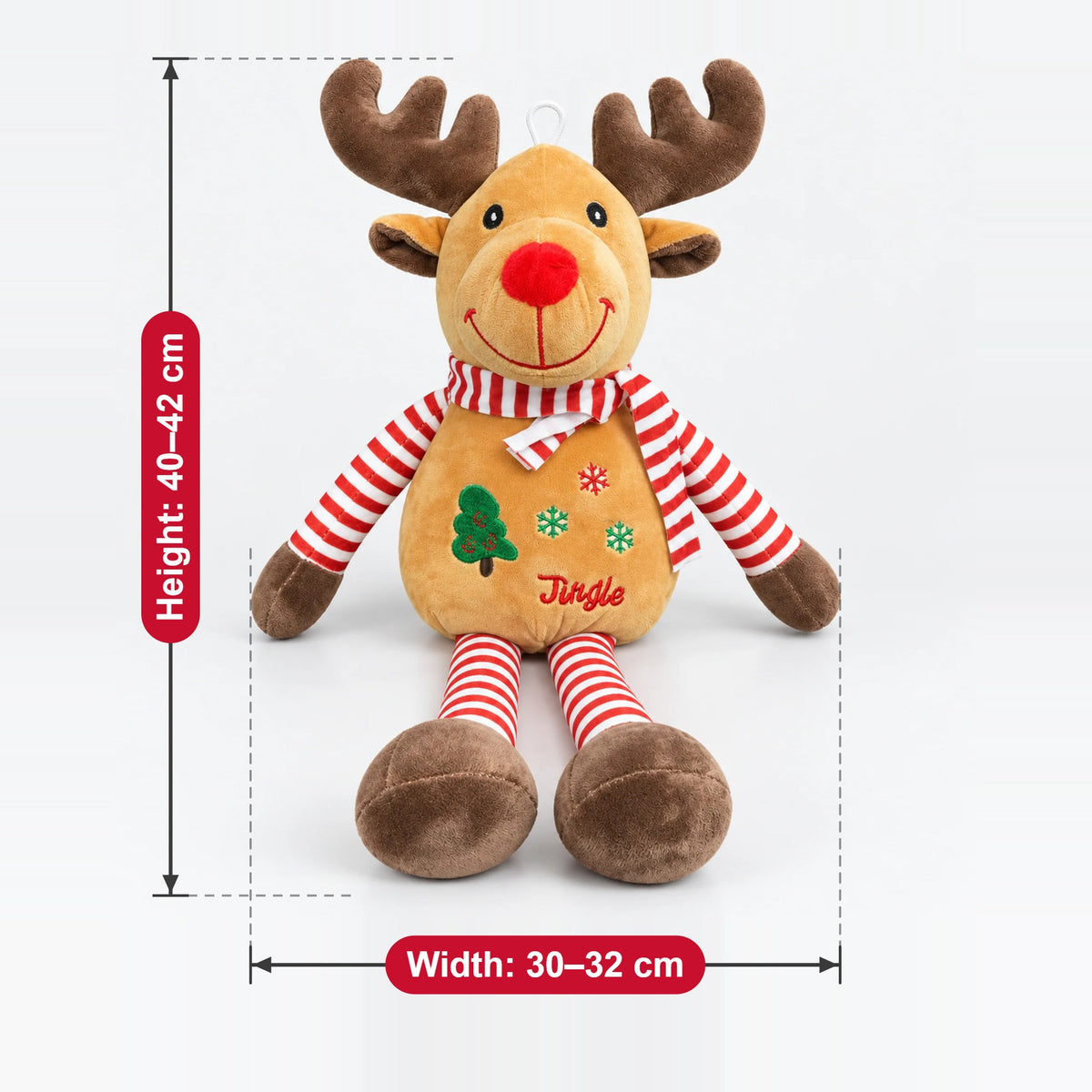 Reindeer plush size guide: height 40–42 cm, width 30–32 cm