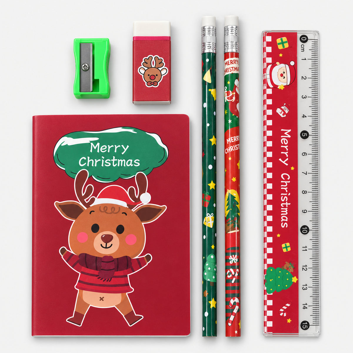 Reindeer Christmas stationery set: notebook, 2 pencils, ruler, eraser and sharpener