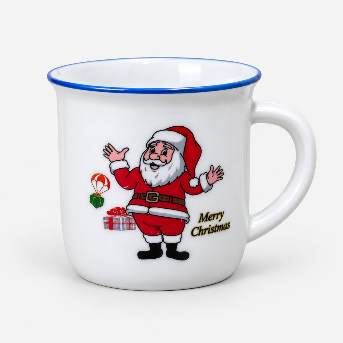 White Christmas mini mug with a blue rim and Santa with his arms up