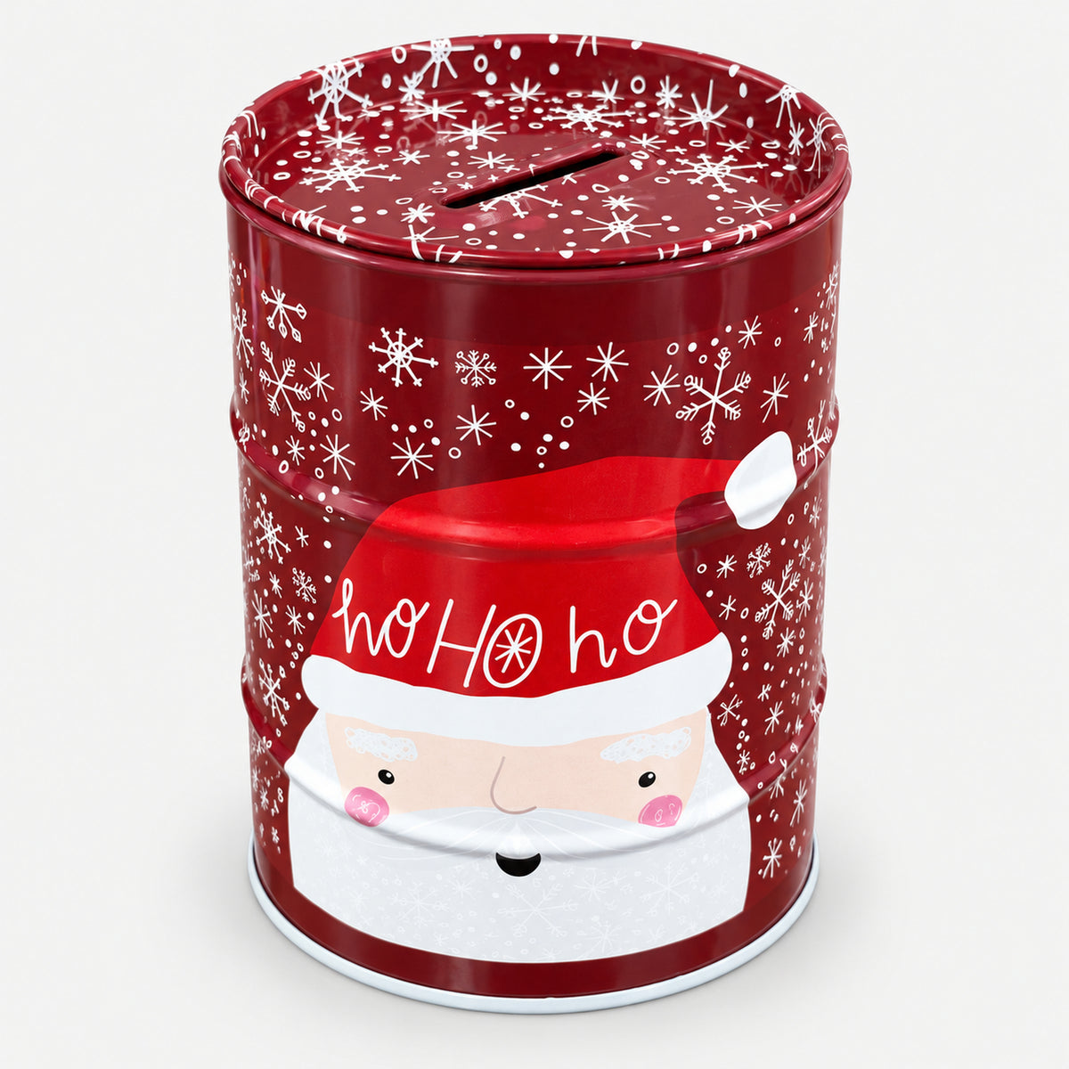 Burgundy Christmas money saving tin with a Santa Ho Ho Ho face