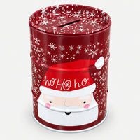 Burgundy Christmas money saving tin with a Santa Ho Ho Ho face