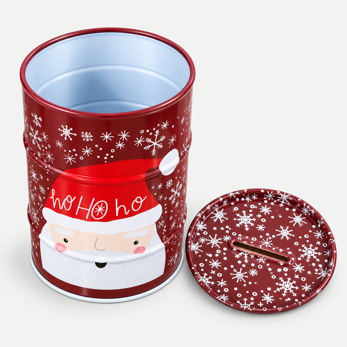 Santa Ho Ho Ho Christmas money tin open, with its money slot lid off