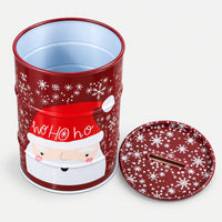 Santa Ho Ho Ho Christmas money tin open, with its money slot lid off