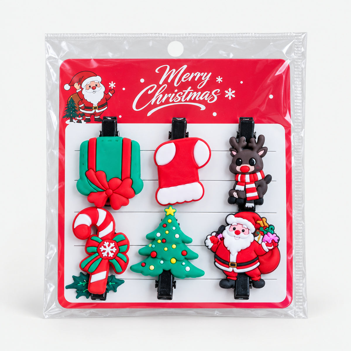 Santa and gift Christmas hair clip set on a Merry Christmas card