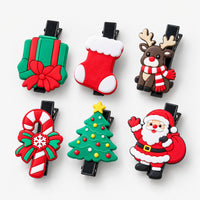 6pcs Christmas PVC hair clips with gift, stocking, reindeer, candy cane, tree and Santa