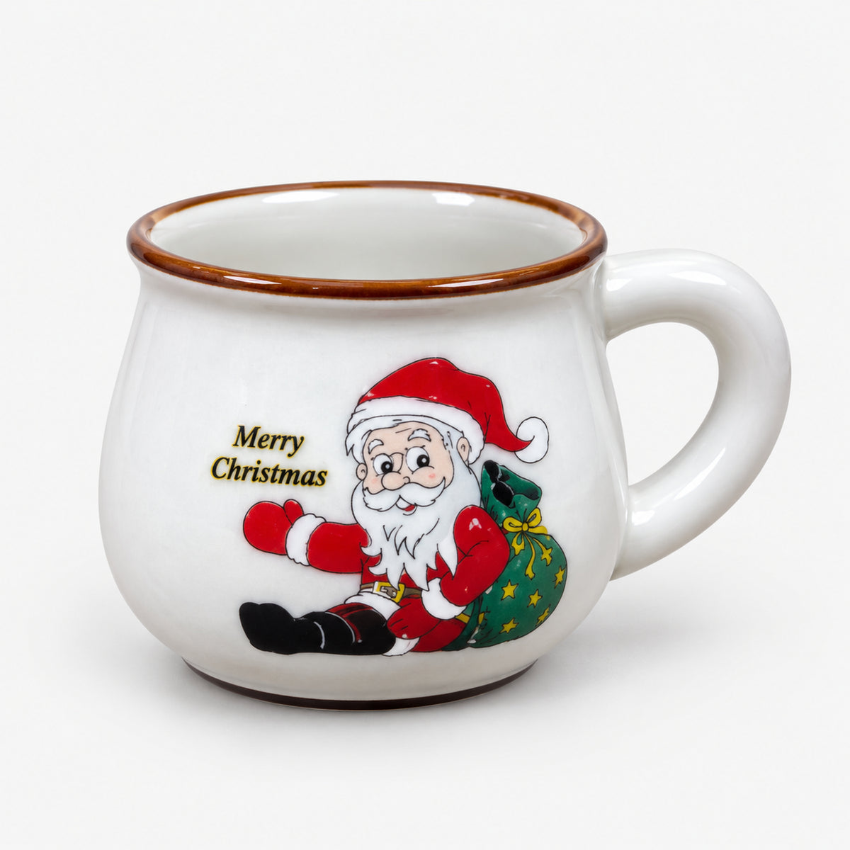 White rounded Christmas mug with Santa sitting with a green sack