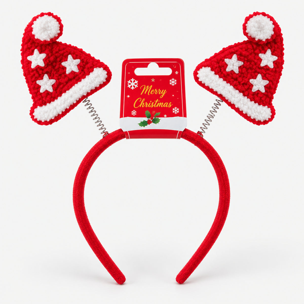 Red Christmas headband with two bouncy Santa hats on its Merry Christmas card