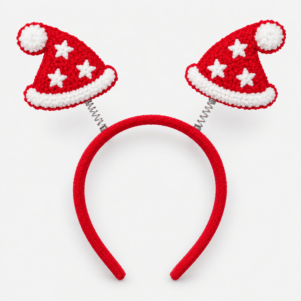 Red Christmas headband with two bouncy Santa hats on springs