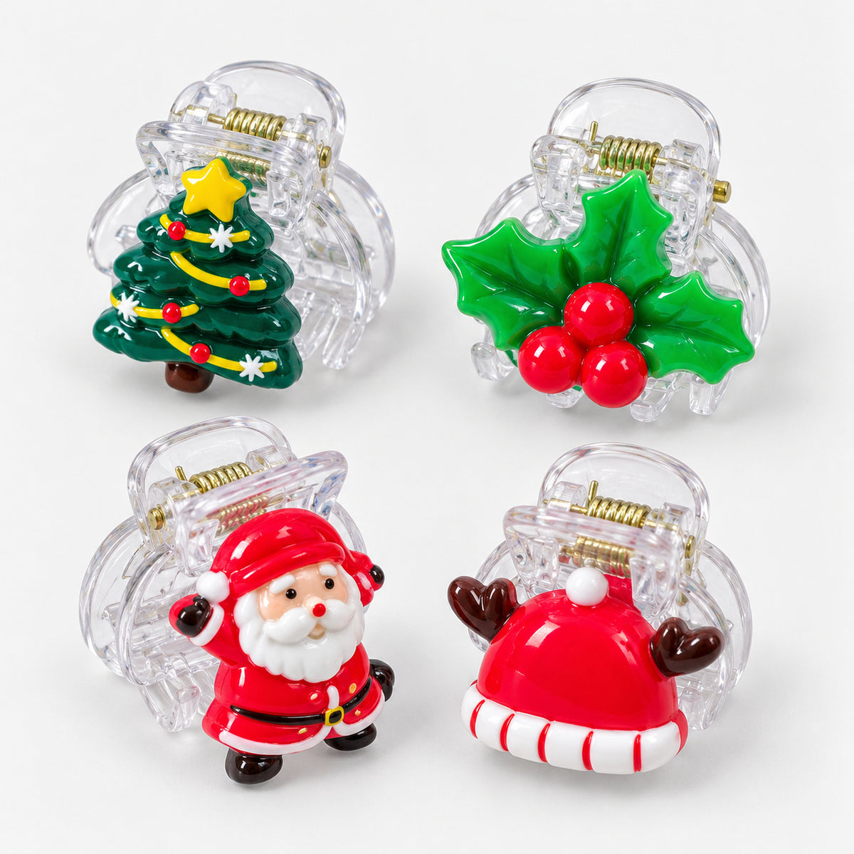 Christmas mini claw hair clips with tree, holly, Santa and Santa hat charms