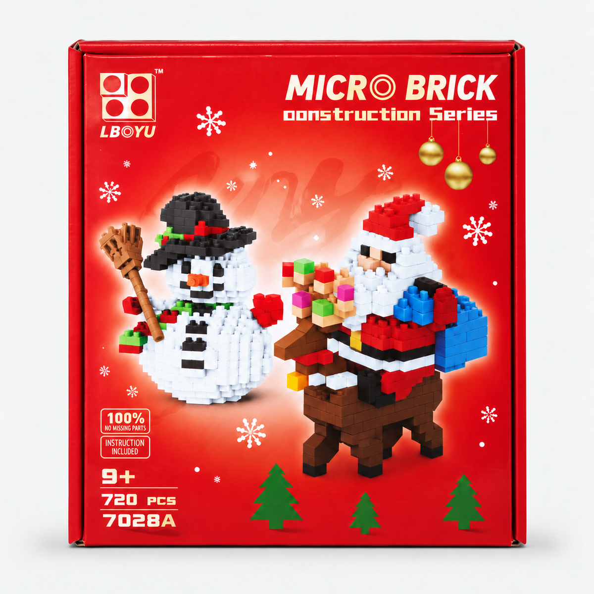Santa on a reindeer and snowman micro brick building set box, 720 pieces, ages 9+