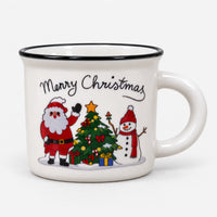 White Christmas mug with black trim, Santa, tree and snowman design