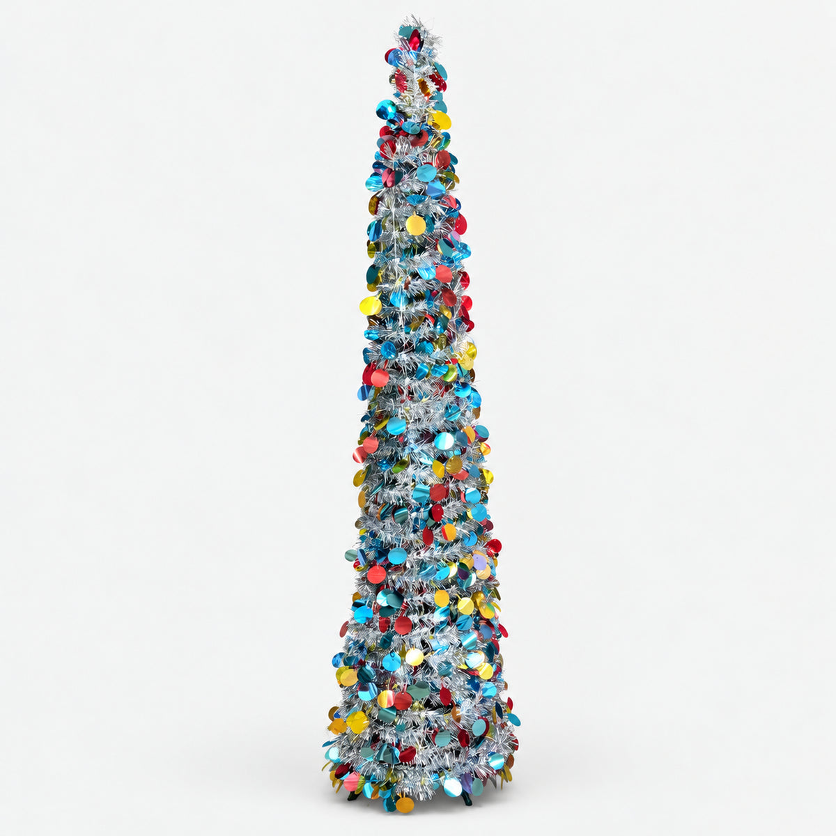 Silver tinsel cone Christmas tree with colorful sequin dots