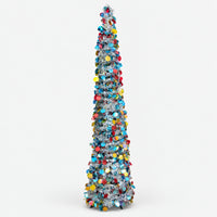 Silver tinsel cone Christmas tree with colorful sequin dots