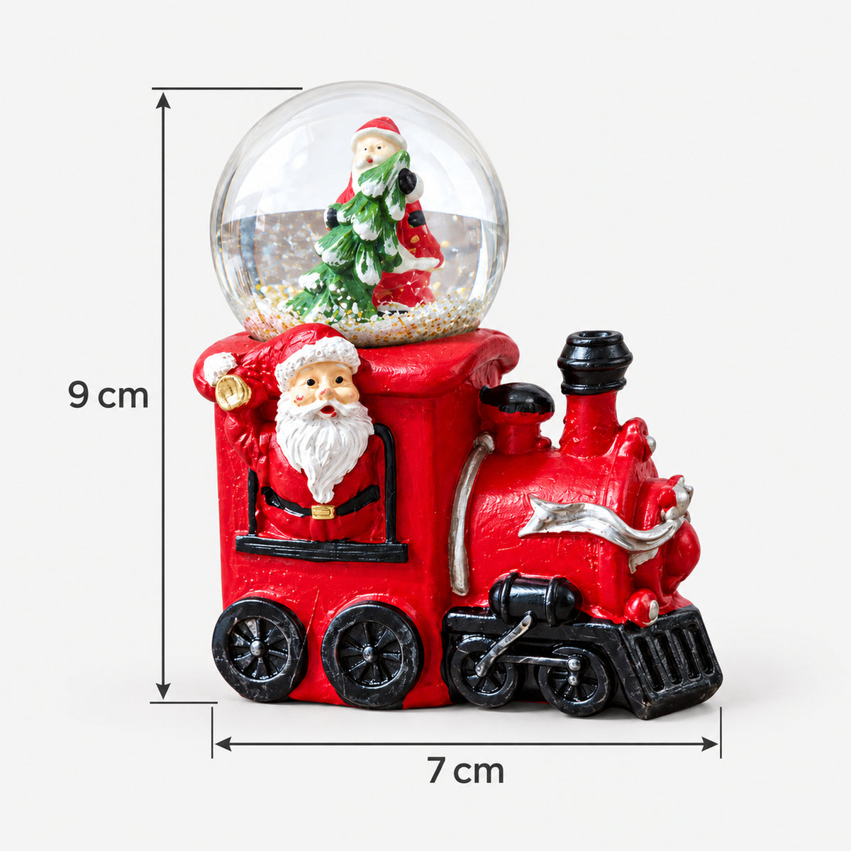 Santa train snow globe measurements: 9 cm high and 7 cm wide