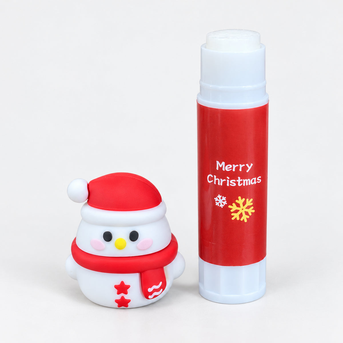 Snowman Christmas glue stick with the cap off