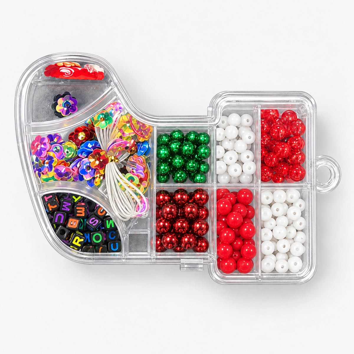Christmas beads set in a stocking shaped case with sequins and pearls