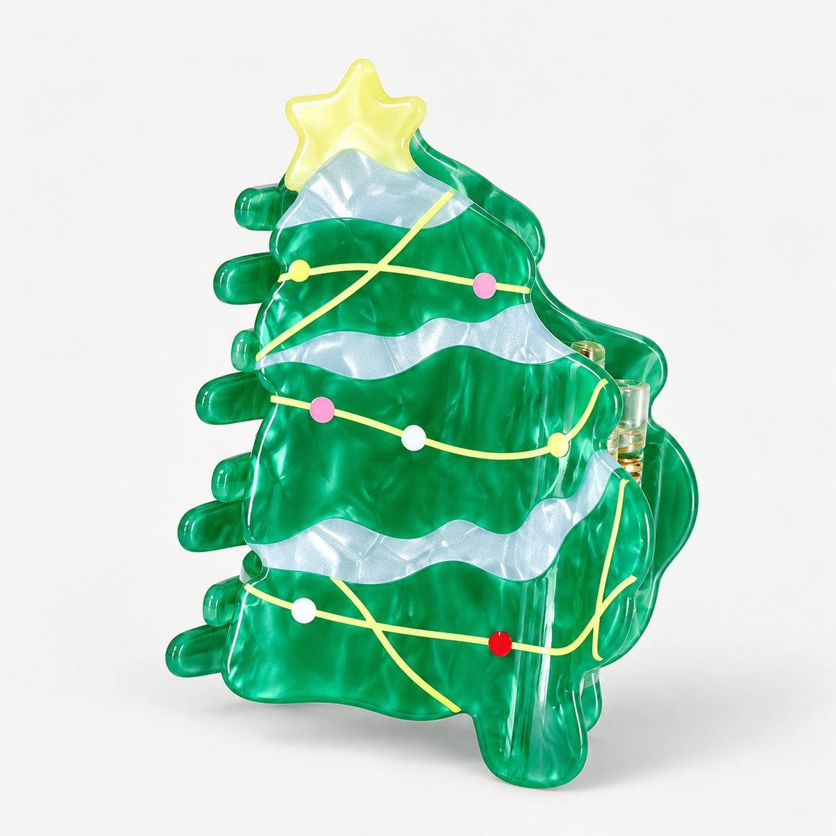 Christmas tree claw hair clip with a gold star and string lights