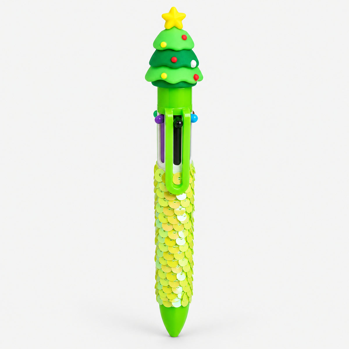 Green Christmas multicolor pen with Christmas tree topper and sequin grip