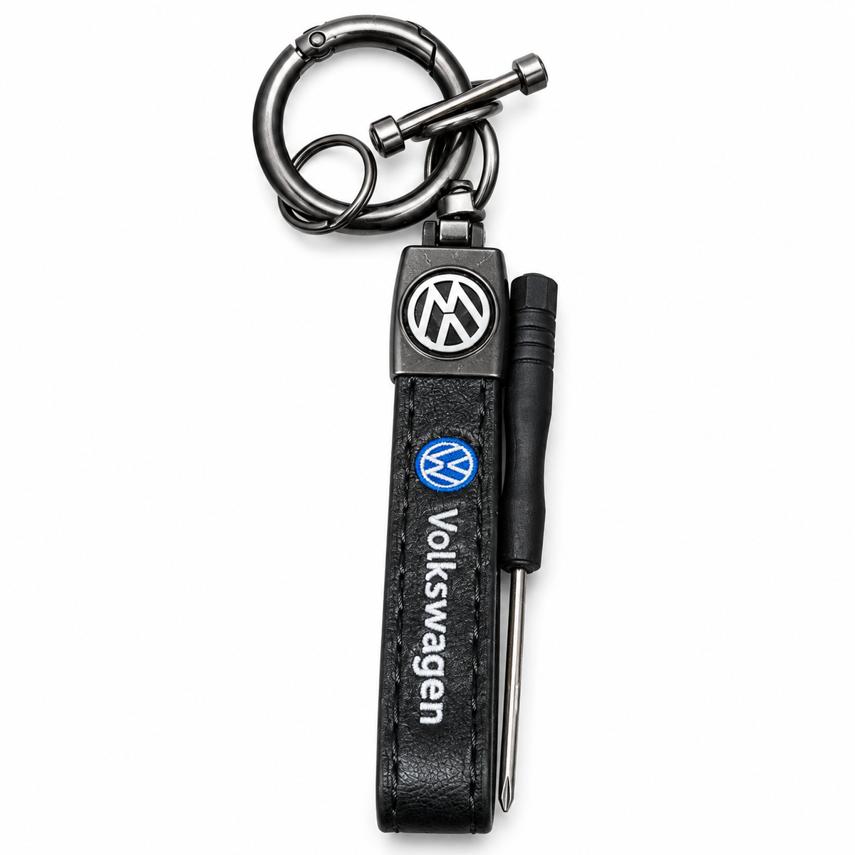 Volkswagen leather keychain with metal clip and screwdriver