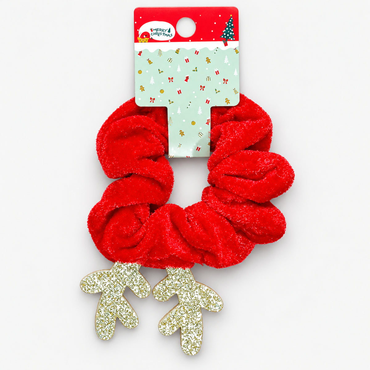 Christmas reindeer scrunchie on its Merry Christmas card