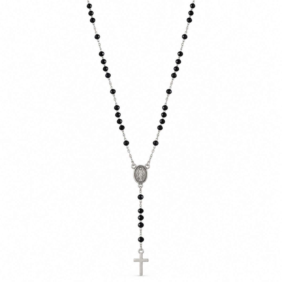 Black faceted bead rosary necklace with a silver medallion and plain cross