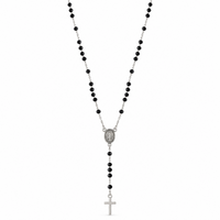 Black faceted bead rosary necklace with a silver medallion and plain cross