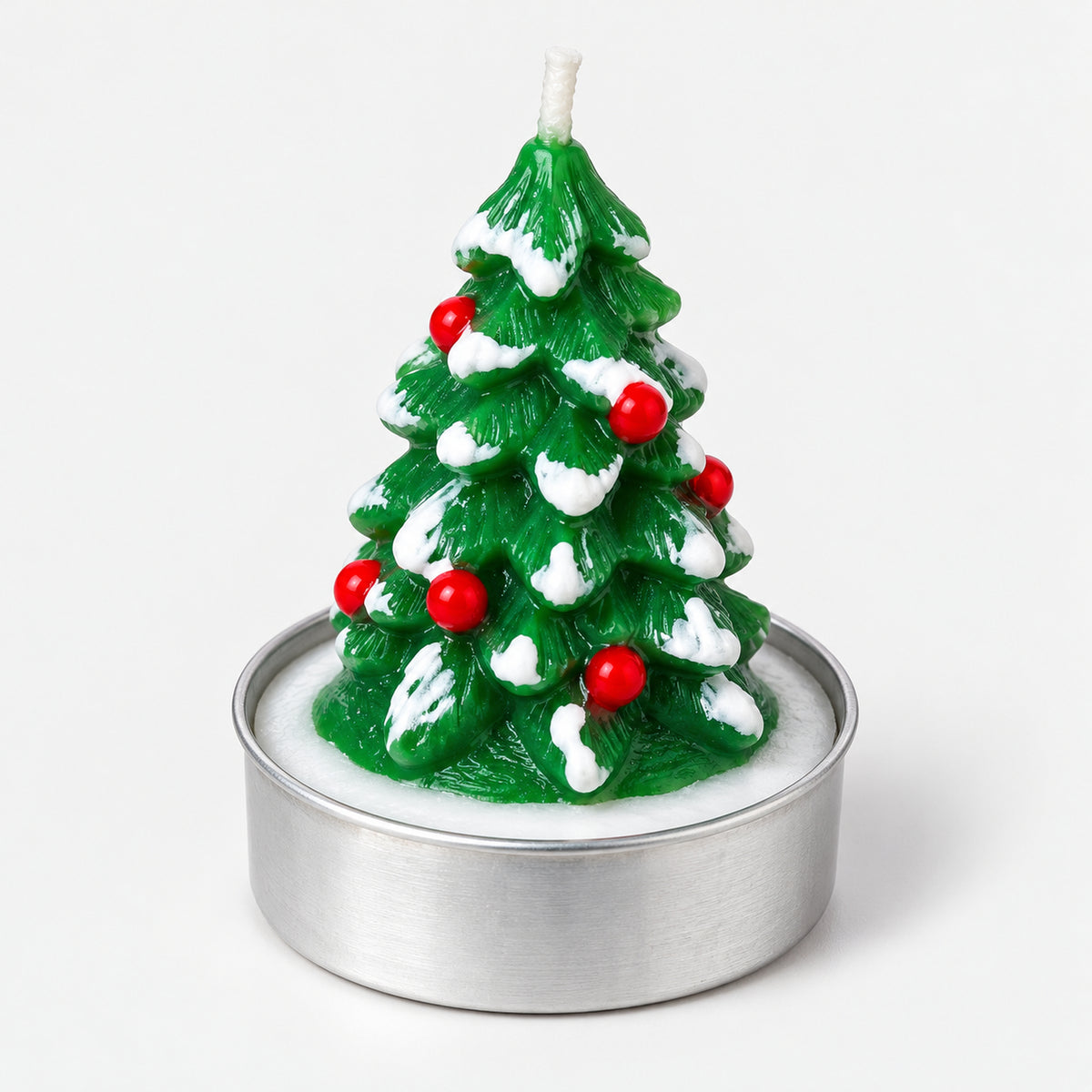 Snowy Christmas tree tea light candle with red berries