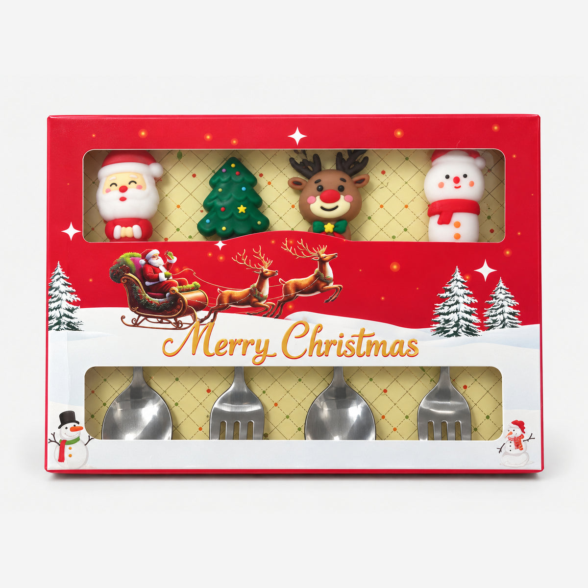 Christmas cutlery set in its closed Merry Christmas gift box
