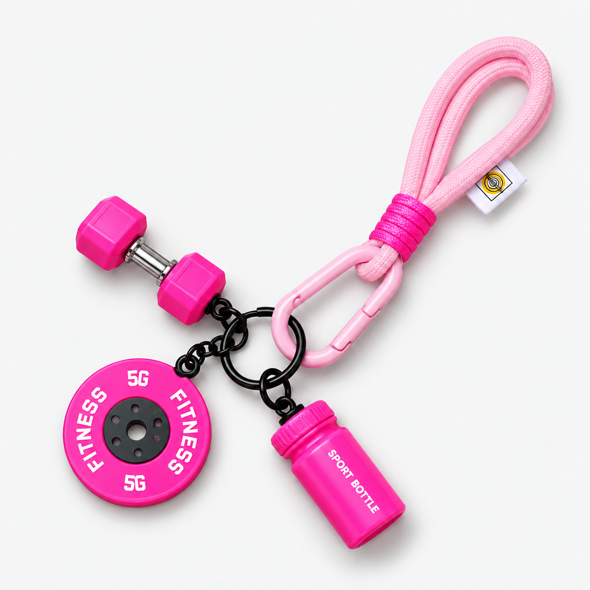 Pink gym fitness keychain with mini dumbbell, weight plate and shaker bottle