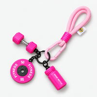 Pink gym fitness keychain with mini dumbbell, weight plate and shaker bottle