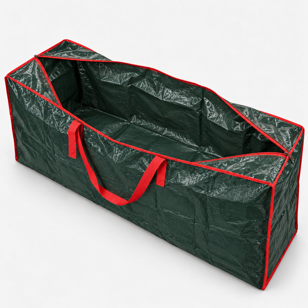 Open green Christmas tree storage bag