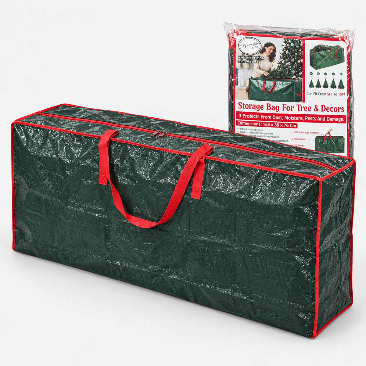 Green Christmas tree storage bag with its packaging