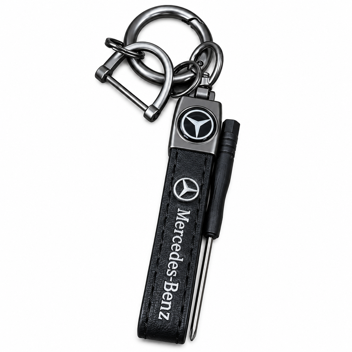 Mercedes-Benz leather keychain with metal clip and screwdriver
