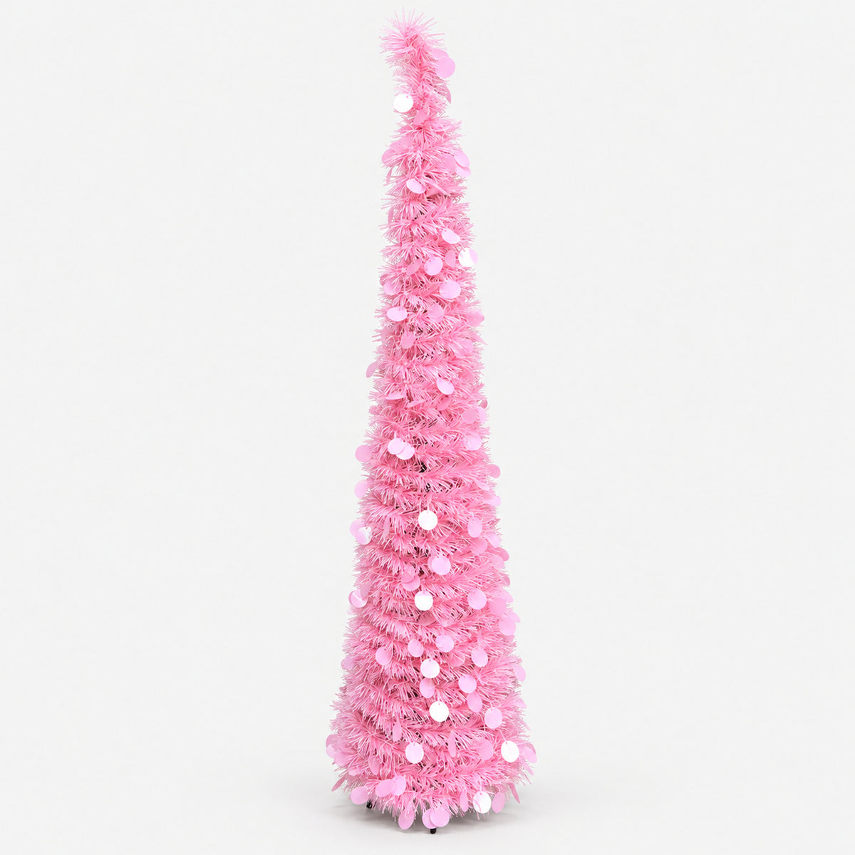 Pink tinsel cone Christmas tree with pink and white sequin dots