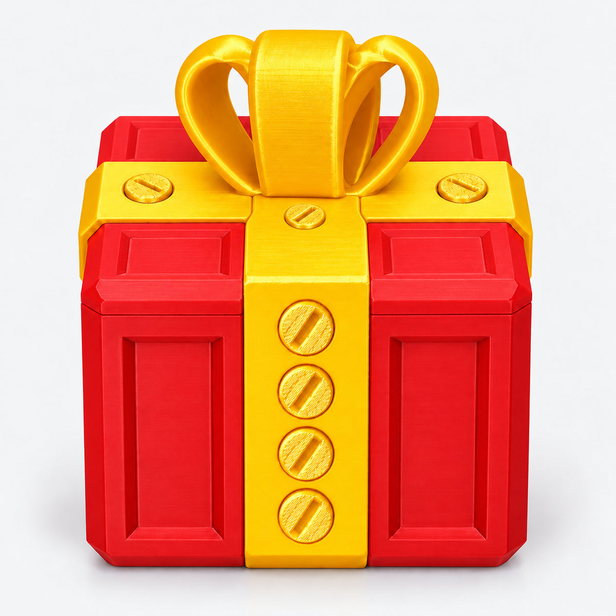 Red and gold screw puzzle prank gift box with a bow on top