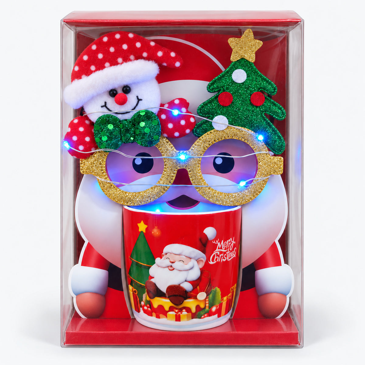 Christmas mug gift box with red Santa on gifts design and light-up glasses switched on
