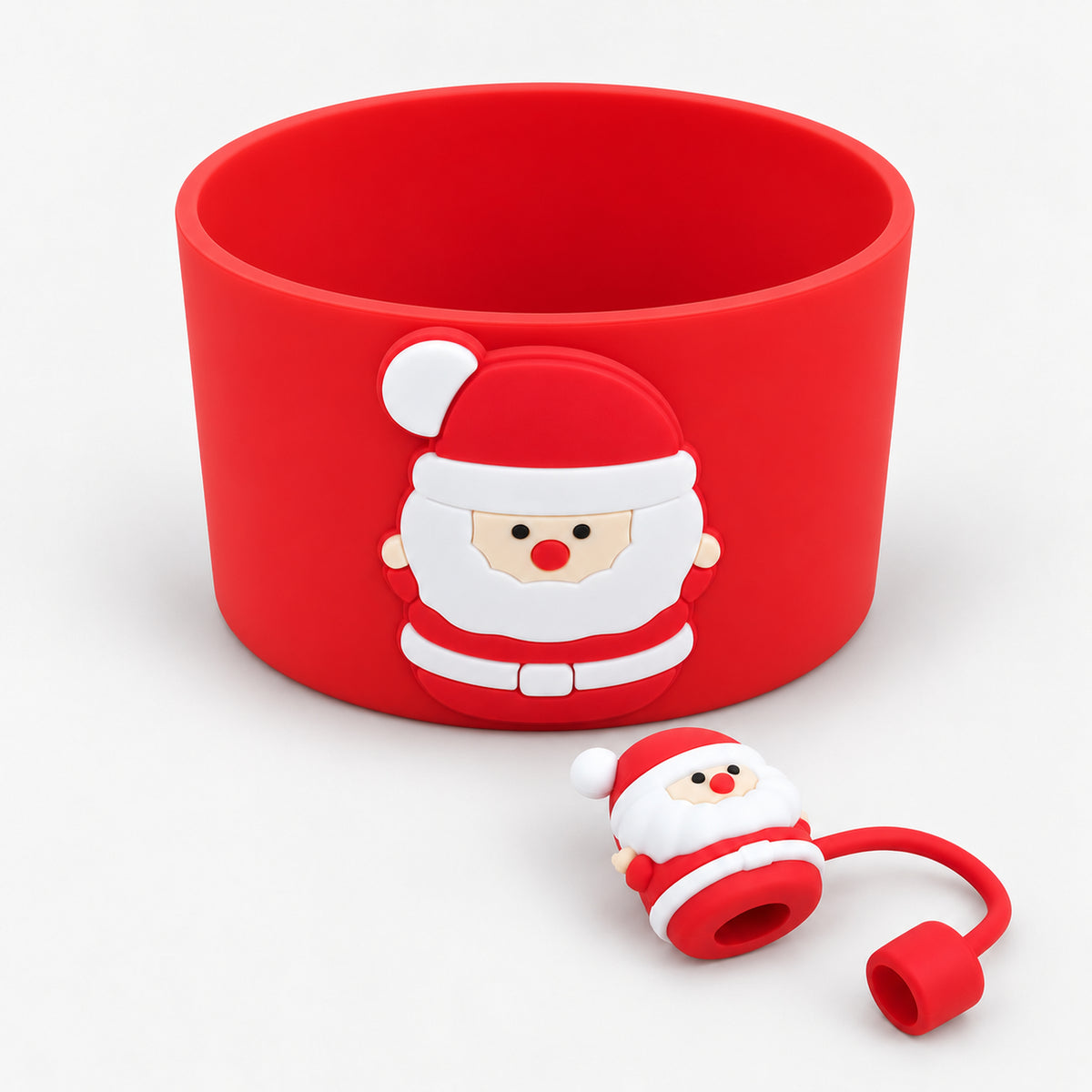 Red silicone tumbler boot with 3D Santa and matching straw topper