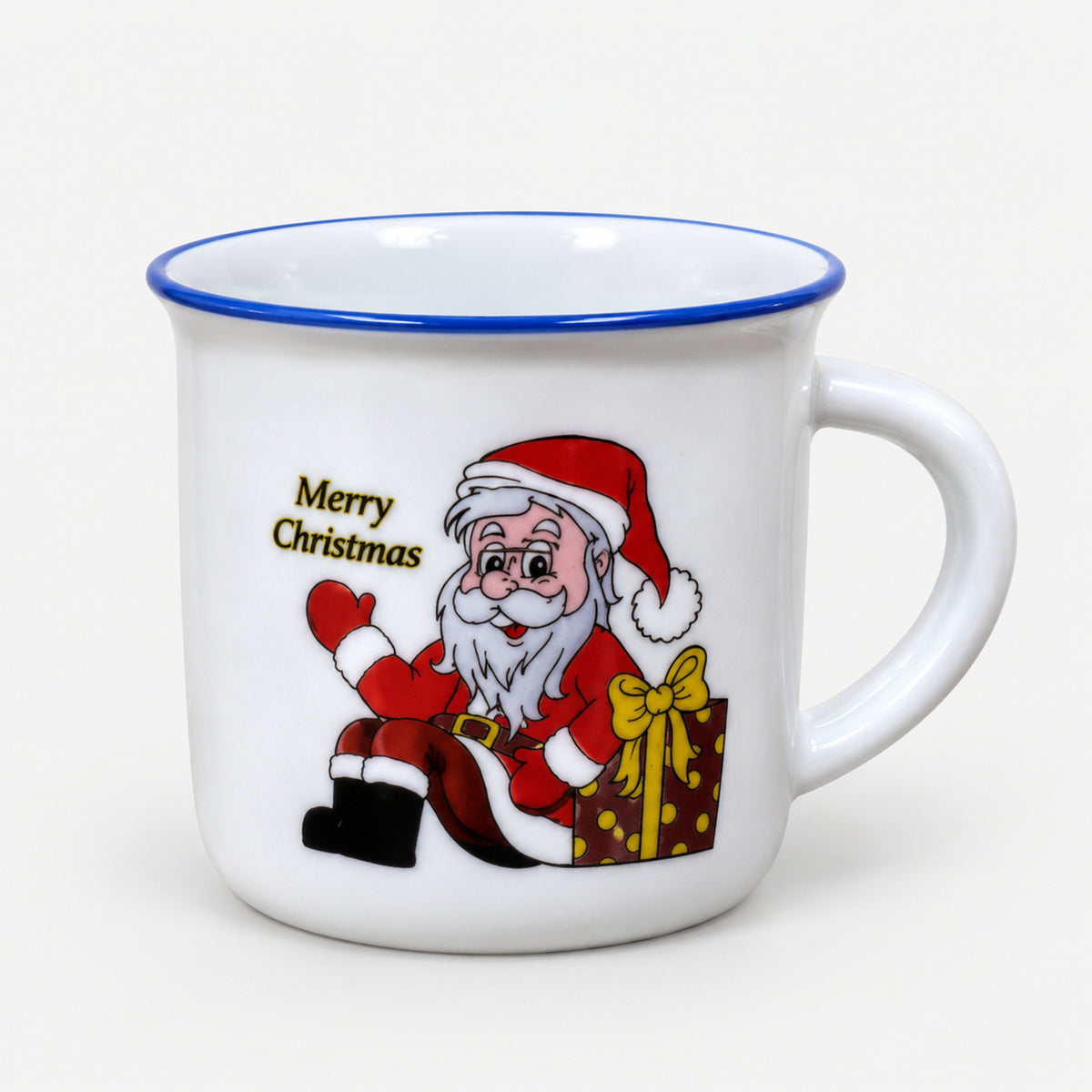 White Christmas mini mug with a blue rim and Santa next to a burgundy gift