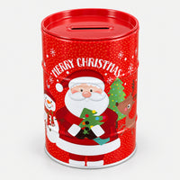 Red Christmas money saving tin with Santa, a snowman and a reindeer