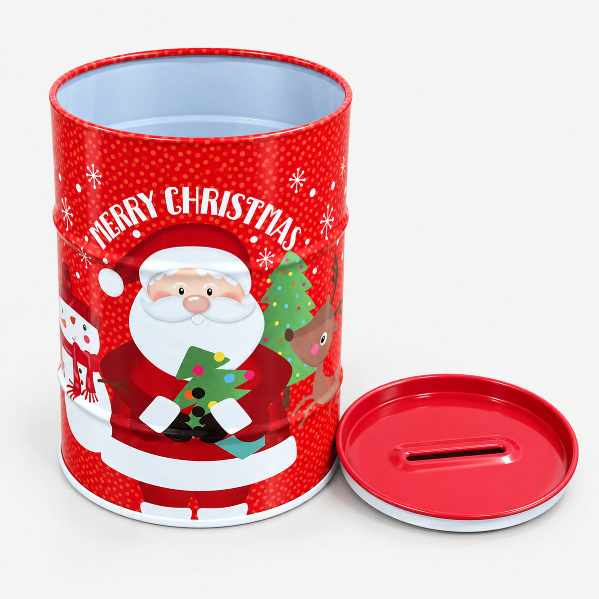 Santa and friends Christmas money tin open, with its money slot lid off