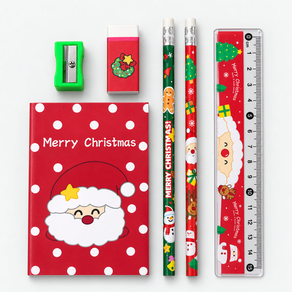 Santa Christmas stationery set: notebook, 2 pencils, ruler, eraser and sharpener