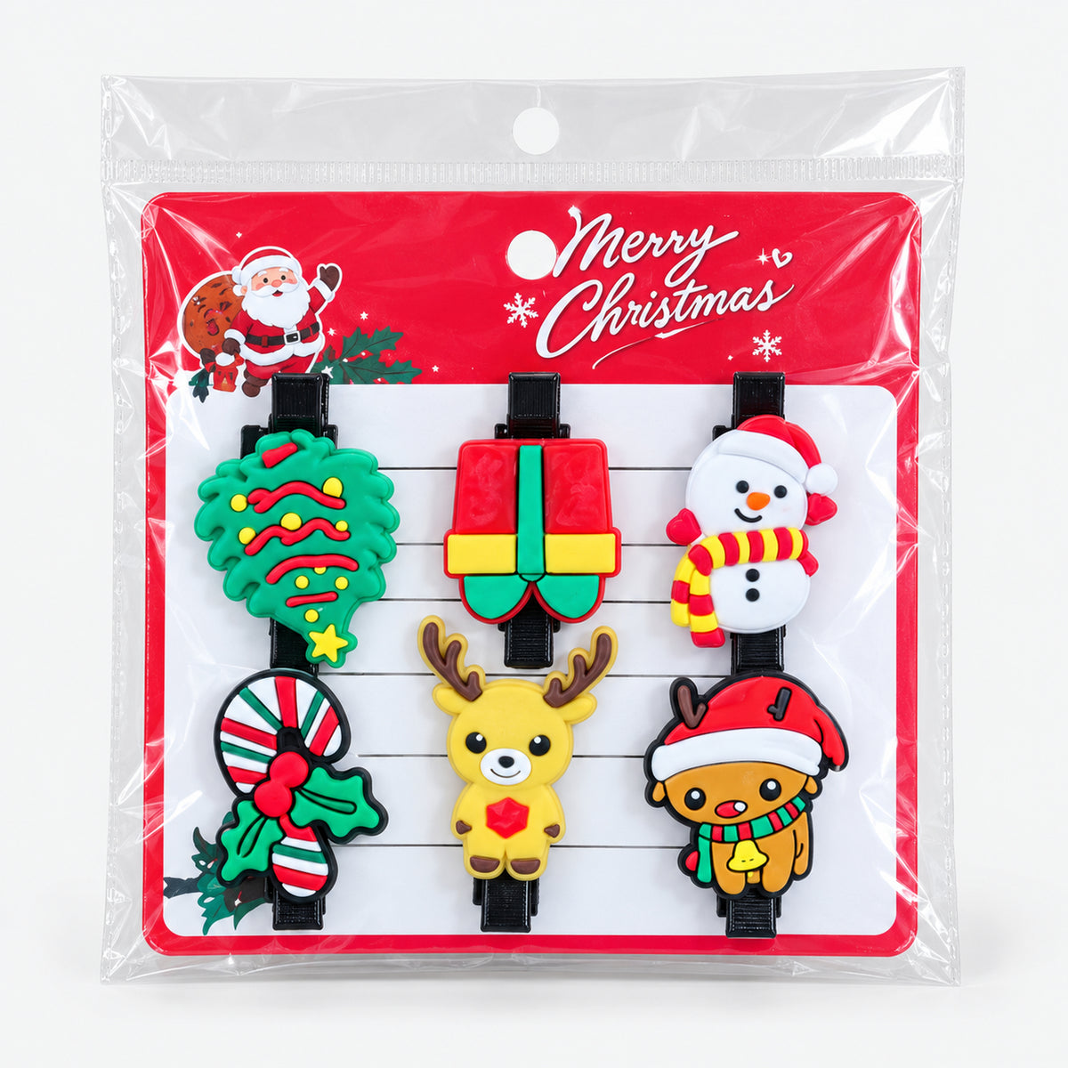 Snowman and gift Christmas hair clip set on a Merry Christmas card