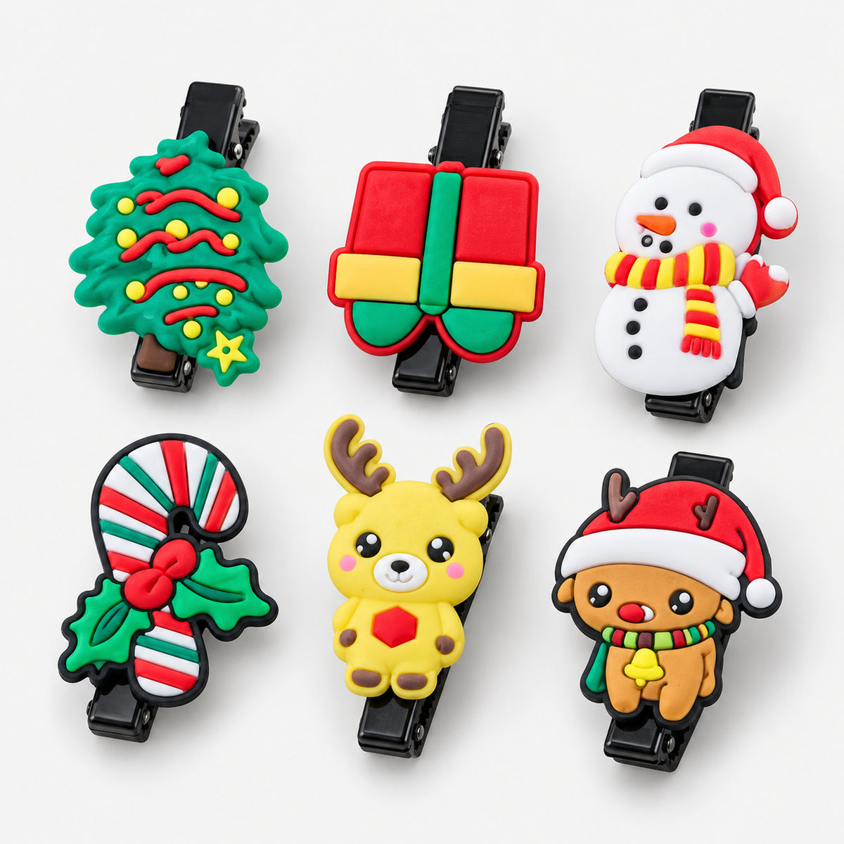 6pcs Christmas PVC hair clips with tree, gift, snowman, candy cane and reindeer