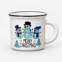 White Christmas mug with black trim, three snowmen design