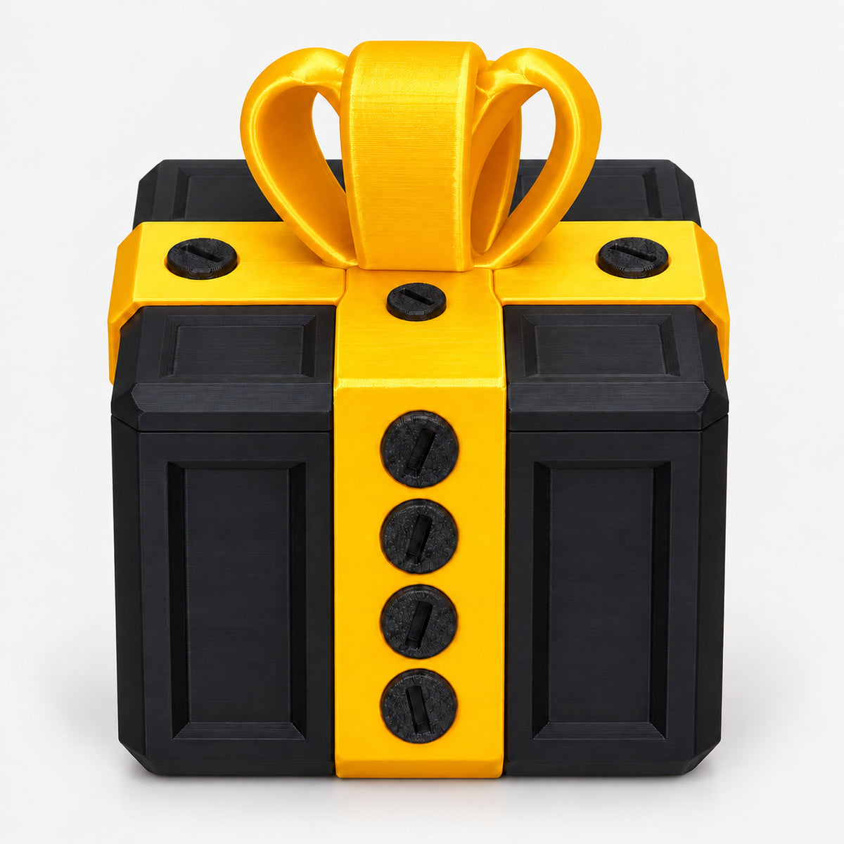 Black and gold screw puzzle prank gift box with a bow on top