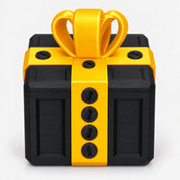 Black and gold screw puzzle prank gift box with a bow on top