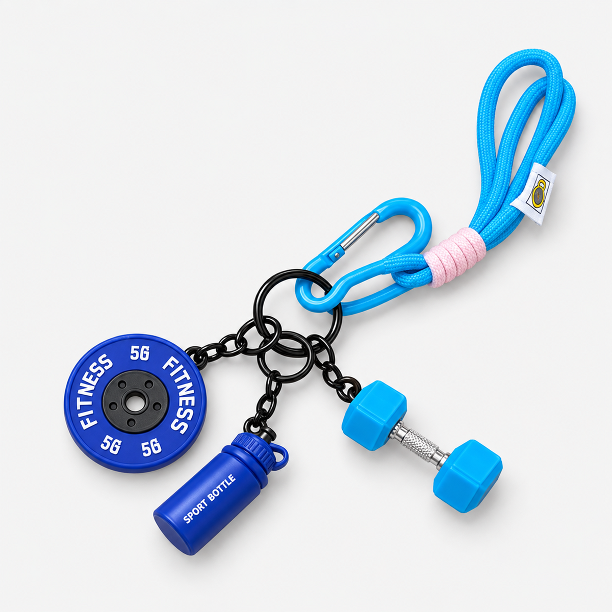 Blue gym fitness keychain with mini dumbbell, weight plate and shaker bottle